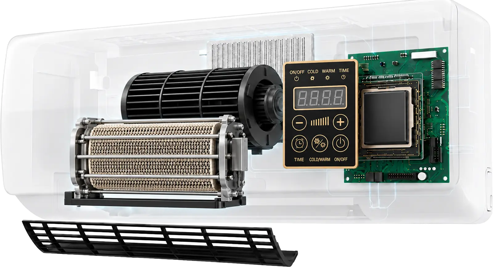 Inside Cozy Cove Pro: ceramic heating element, fan, control panel, and circuit board